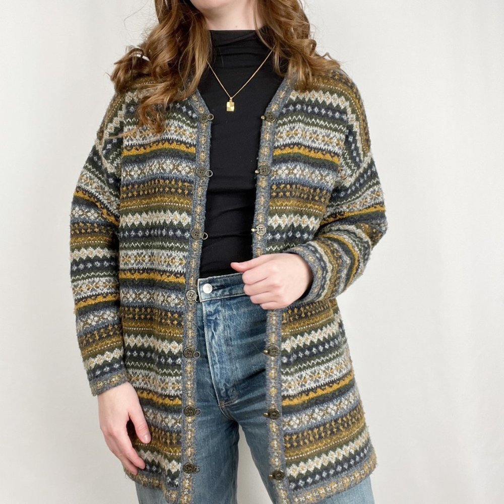 Vintage Fair Isle Knit Oversized Long Cardigan Sweater Scandinavian Cozy 90s Y2K - Picture 7 of 7